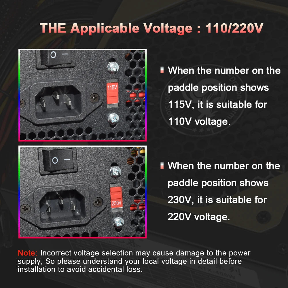 110/230V ATX 400W 600W RGB Colorful Silent Fan PSU 24Pin 12V Desktop E-Sports Video Game Computer Power Supply