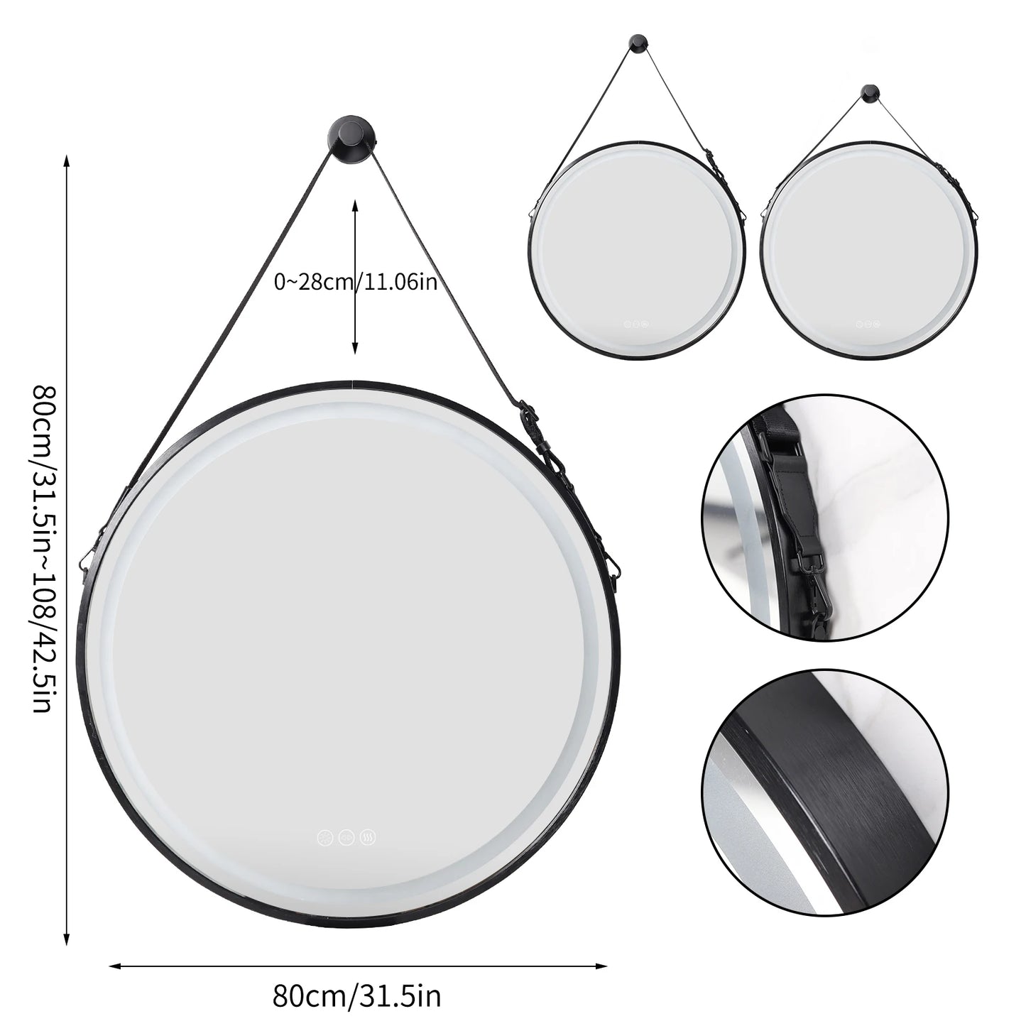 Frame Round Mirror,Round Bathroom Mirror with Light,Wall Mounted Lighted Vanity Mirror, Anti-Fog & Dimmable Touch Switch