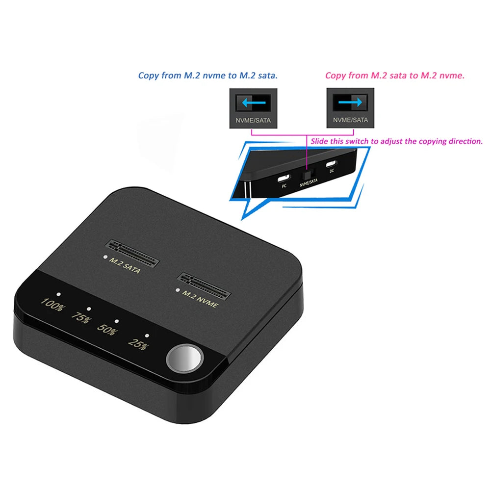 M.2 SATA/NVMe Dual-Bay Hard Drive Docking Station Clone Duplicaotr Offline Clone M.2 Cloner Data Transmission with LED Indicator
