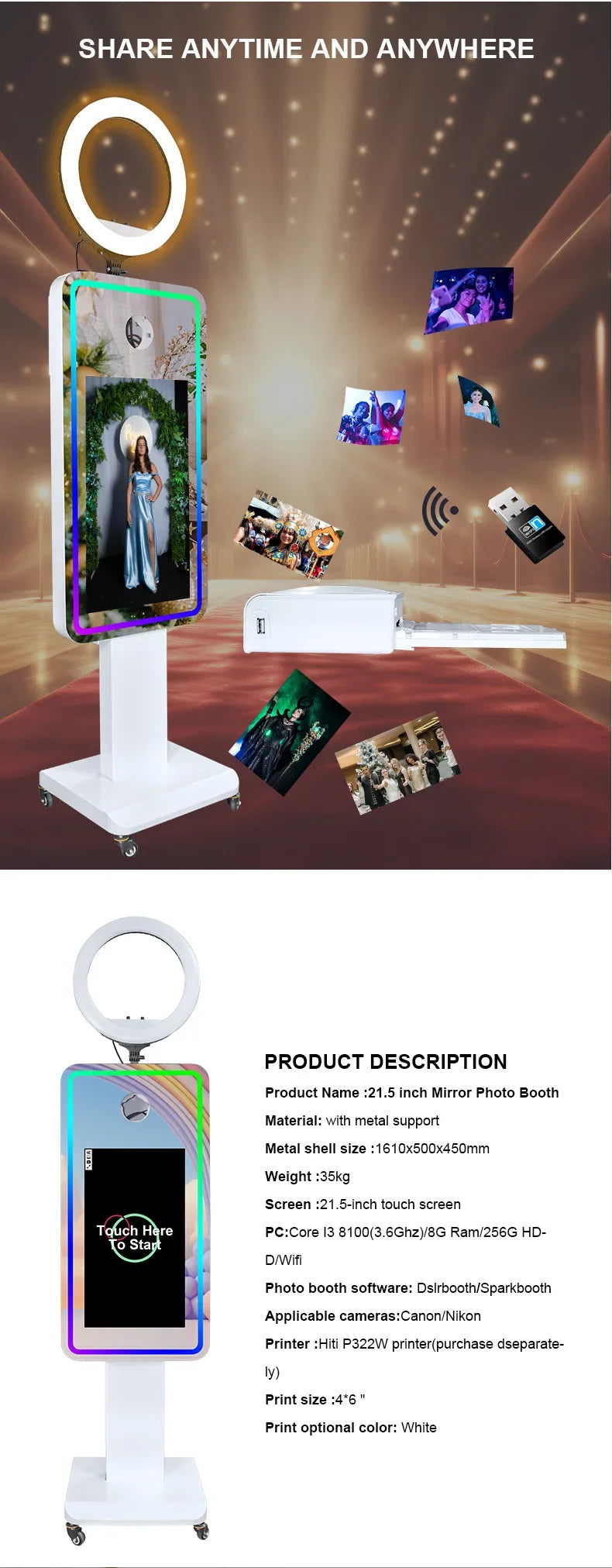 Portable Mirror Photo Booth Selfie Machine 21.5 in Touch Screen with Wheels and Flight Case for Party and Event