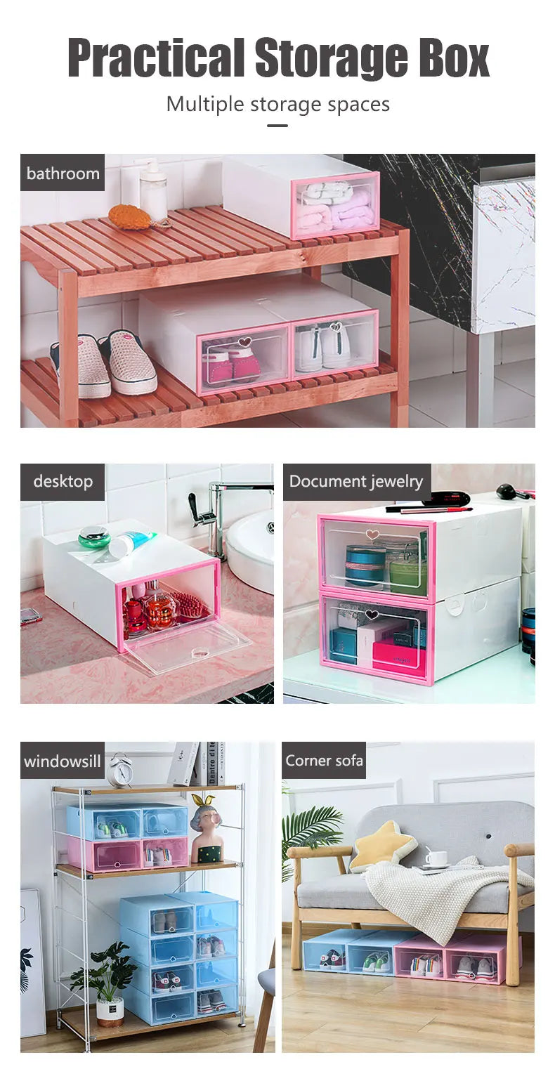 6Packs Transparent Shoe Box Shoes Organizers Plastic Thickened Foldable Dustproof Storage Box Stackable Combined Shoe Cabinet