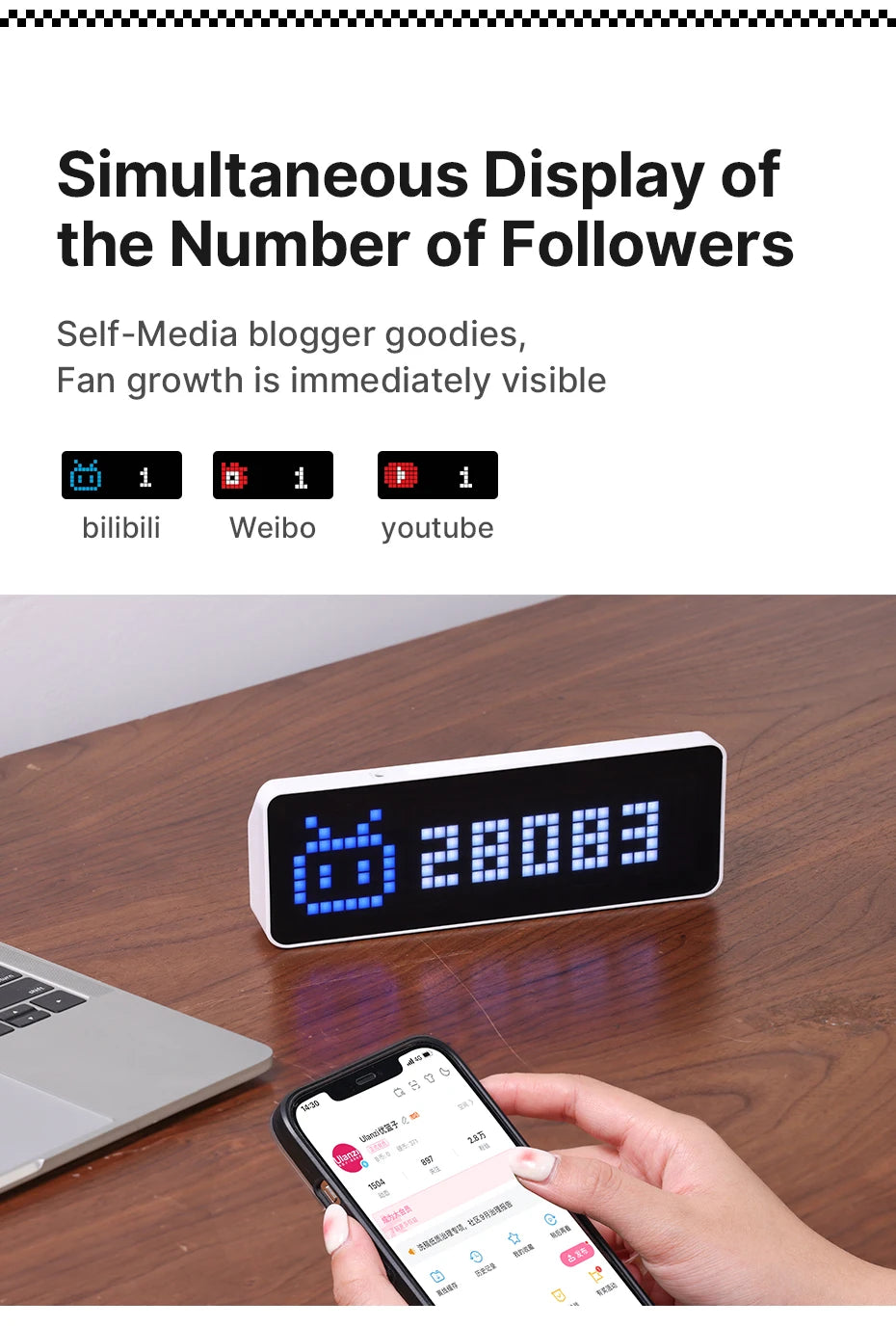 Ulanzi TC001 Smart Pixel Clock Youtube Followers Simultaneous Pixelated Message Display Smart Desktop Clock
