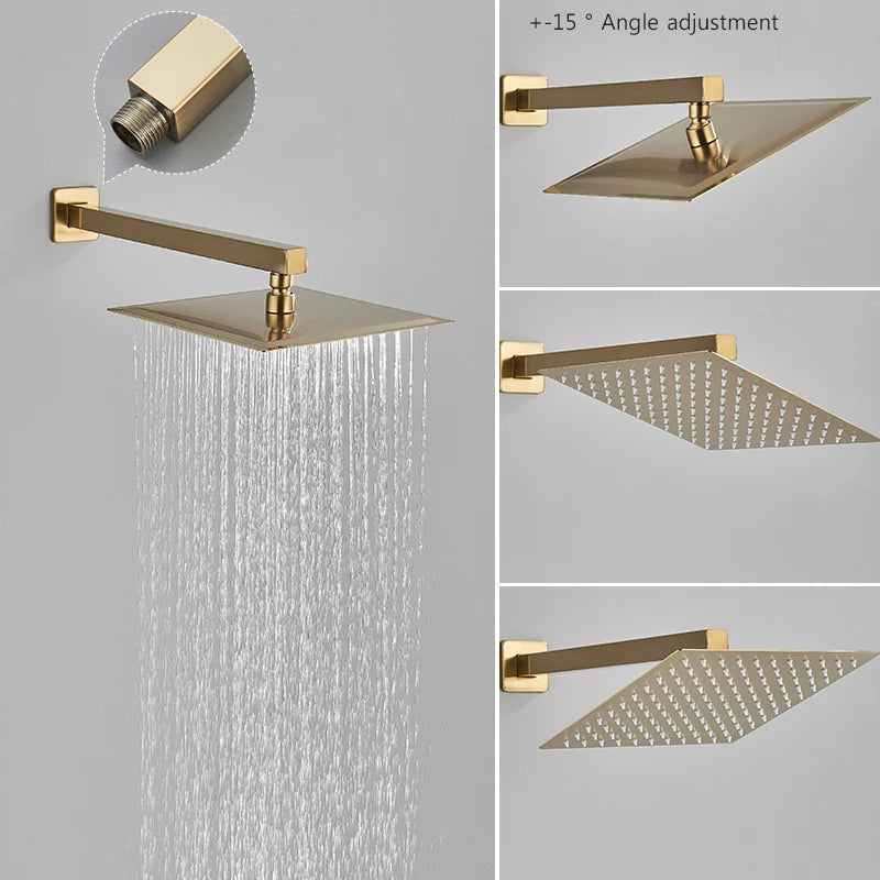 Brushed Golden Bathroom Shower Faucet Concealed Install 2 Way Rainfall Shower Set Wall Mounted Shower System Hot Cold Mixer Tap