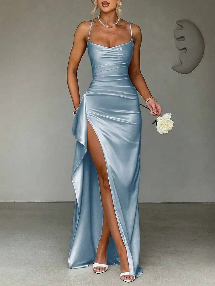 Navy Blue Satin Slip Dress with High Slit and Ruched Waist