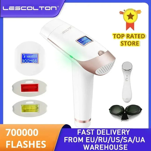 Lescolton IPL hair removal machine with LCD display, hair removal device featuring 700000 flashes and accessories.