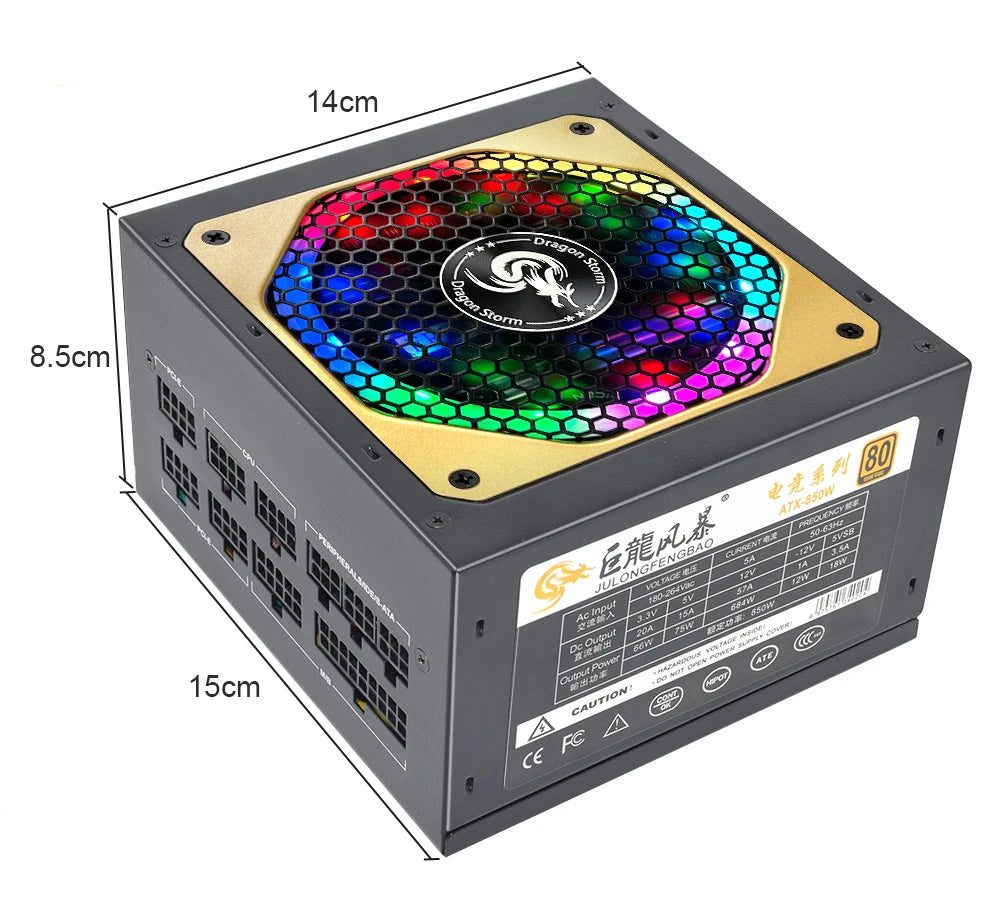 ATX 850W Full Modular 80Plus Gold Certified RGB 12V PC PSU Professional E-Sports Video Game Computer Power Supply