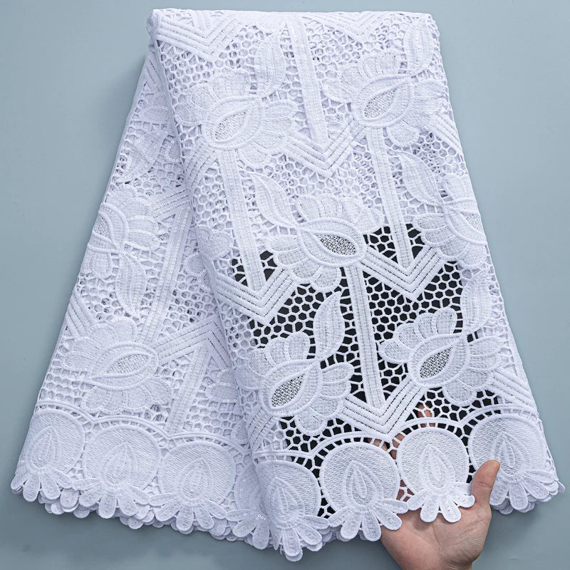 SJD LACE African Sequins Guipure Cord Lace Fabrics 5 Yards White 2026 New Nigerian Water Soluble Lace For Women Dresses Sew 4197