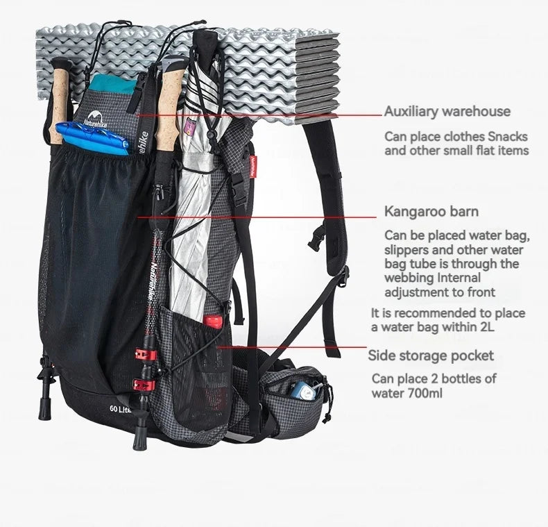 Naturehike Rock Series Camping Backpack 60 + 5L Large Capacity Travel Outdoor Bags 40 + 5L Ultralight Waterproof Hiking Backpack