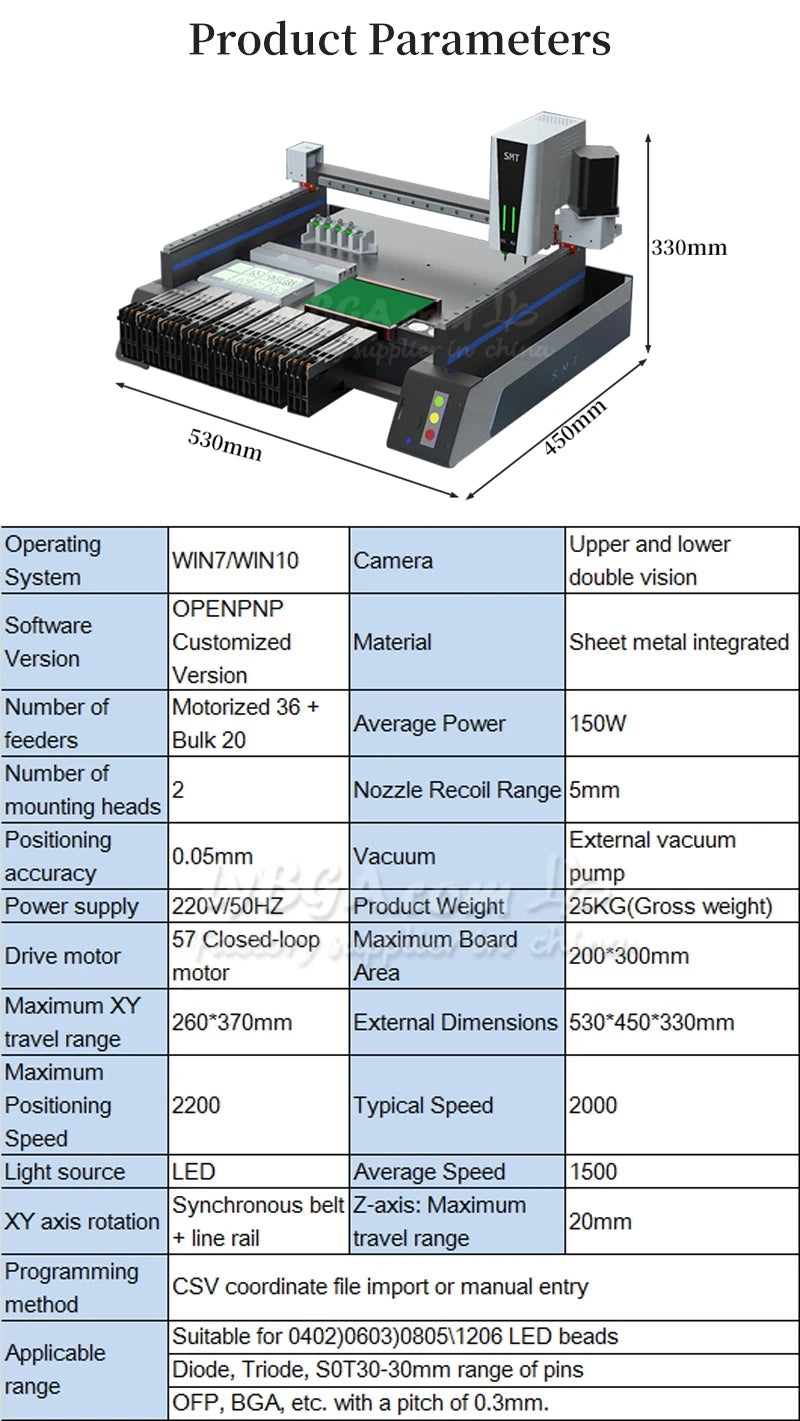 Triple Vision Camera System Desktop Automatic SMT Pick Place Machine Chip Mounter LED SMD Dual Heads Nozzles For PCB Assembly