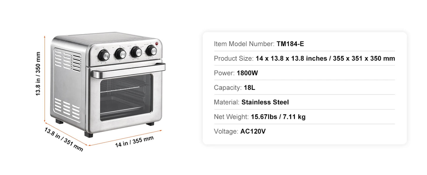 SucceBuy 18L 1700W Air Fryer Toaster Oven Stainless Steel Toaster Ovens Countertop Combo with Grill Home and Commercial Use