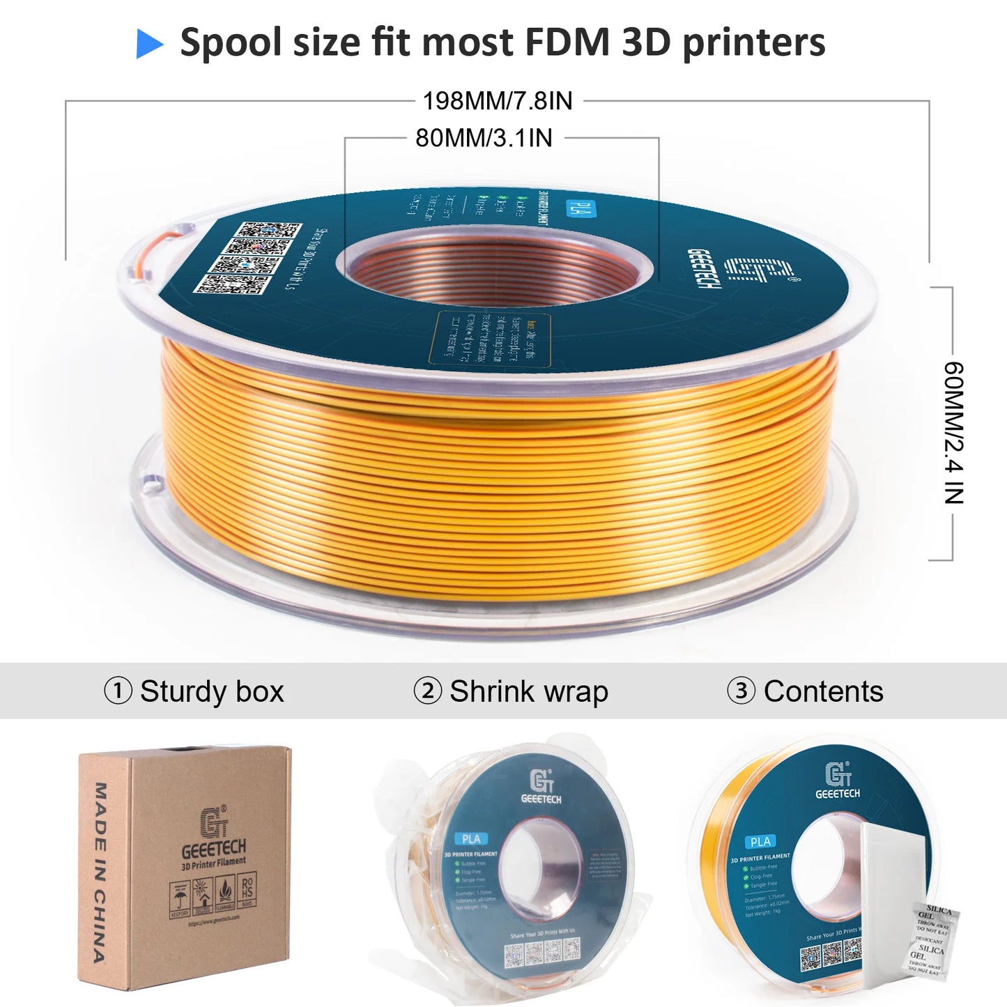 Geeetech 5Kg Three Tri Color Silk PLA Filament , 3D Filament 1,75 mm Spool Wire  (+/-0.03mm) Vacuum packaging, special color