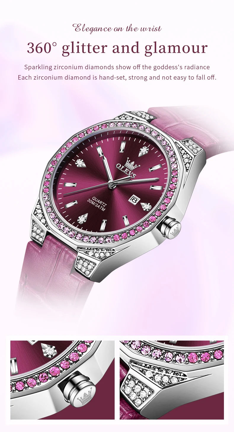 OLEVS Original Women's Watches Diamond Lap Fashion Leather Strap 3m Waterproof Luminous Ladies Wristwatch Quartz Watch for Women