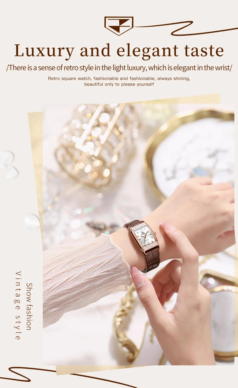 JSDUN Woman Watch Luxury Diamond Dial Comfortable Leather Watchband Fashion Square Rose Gold Quartz Wristwatches Montre Femme