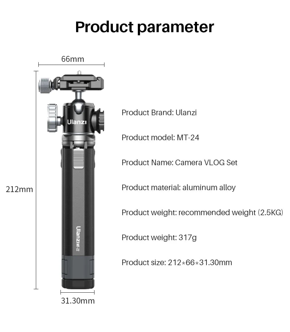 Ulanzi MT-24 Vlog Lite Metal Tripod With Ballhead Extendable 1/4'' Tripod Monopod Cold Shoe Arca Quick Swiss 2.5KG Max Load