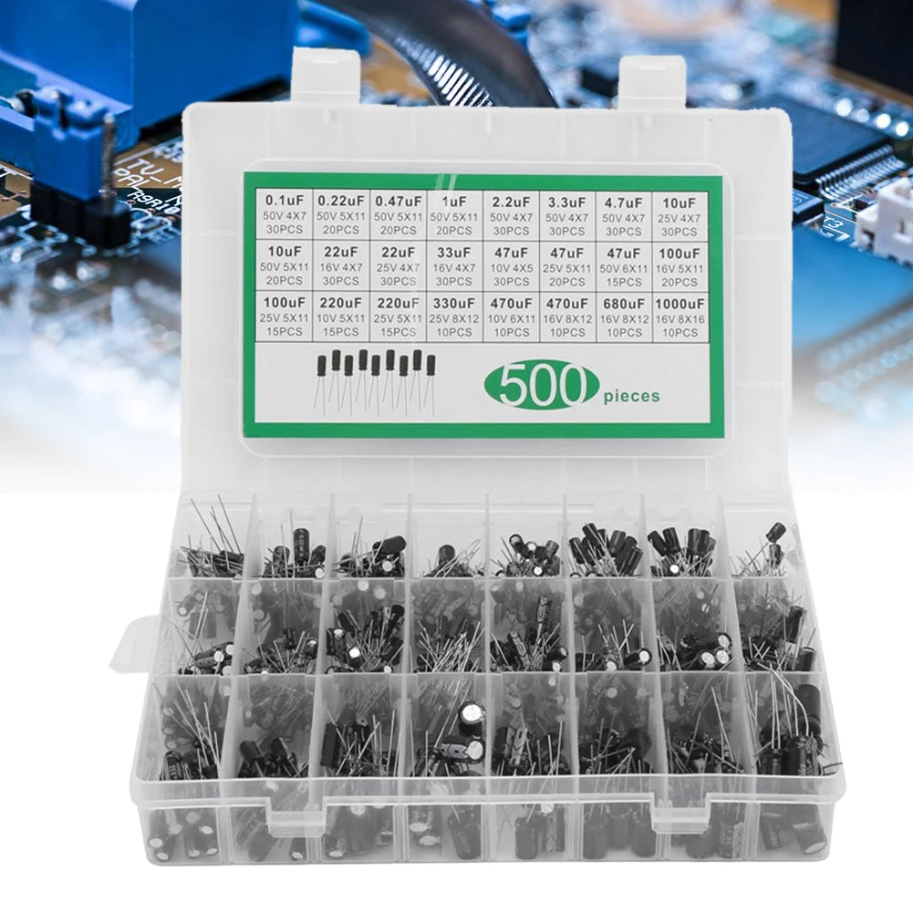500Pcs 24 Values 16-50V 0.1-1000uF Metal Electrolytic Capacitors Assortment Box Kit Assorted Assortment Kit Bypass Low Frequency