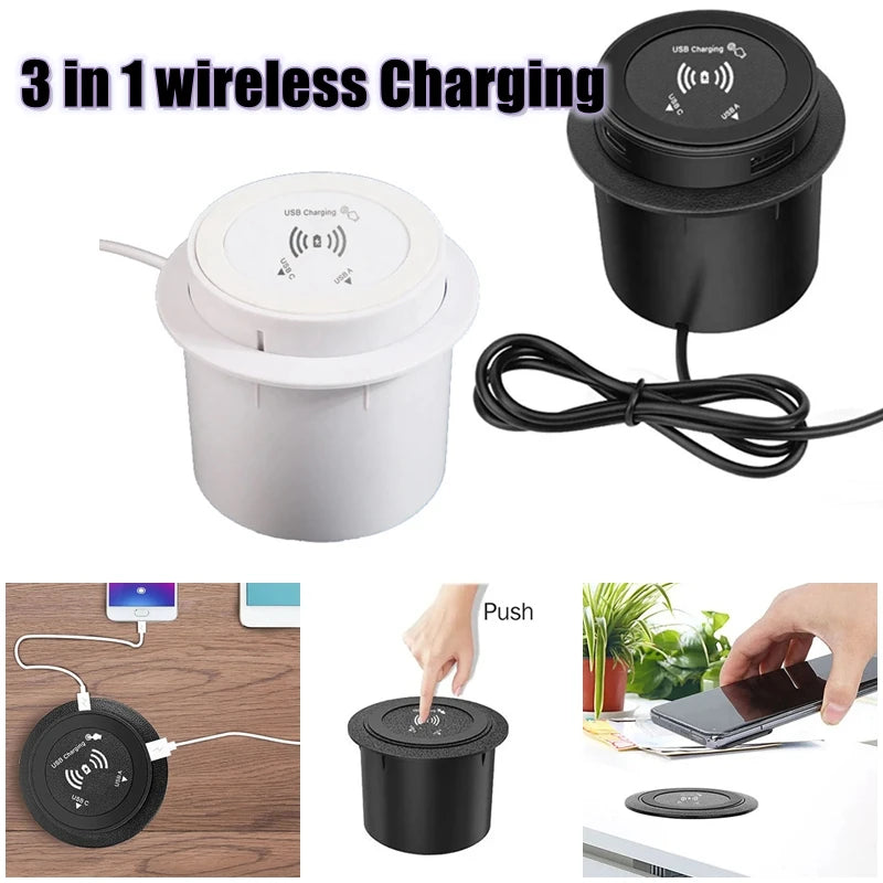 Universal Fast Wireless Charger Desktop Embedded Supports PD30W And USB Wired Charging 5V 3A Furniture Opening Desk Hole HUB