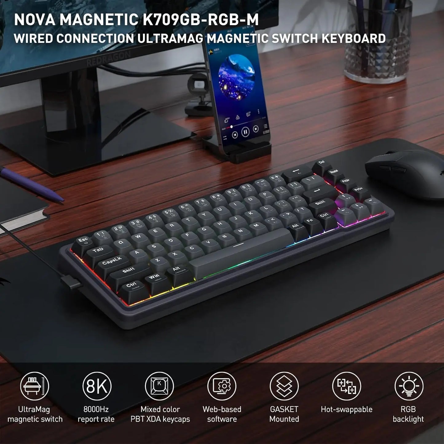 Redragon K709 HE Rapid Trigger Gaming Keyboard, 8K Wired Mechanical Keyboard w/Next-Gen UltraMag 100% POM Silky Magnetic Switch