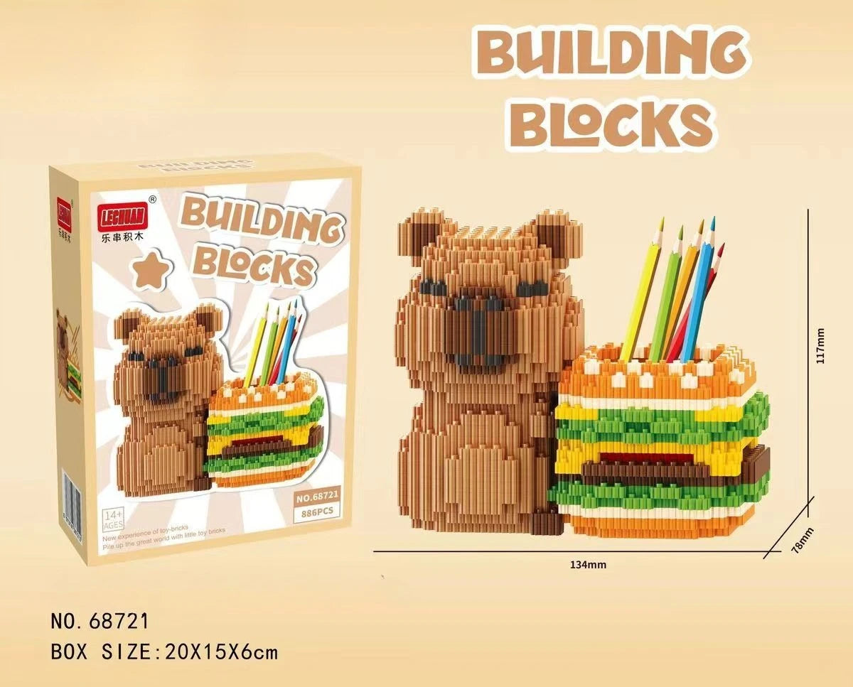 Capybara Building Block Pen Holder Panda Desk Organizer for Office Supplies Cosmetics Birthday Gift Desktop Decoration