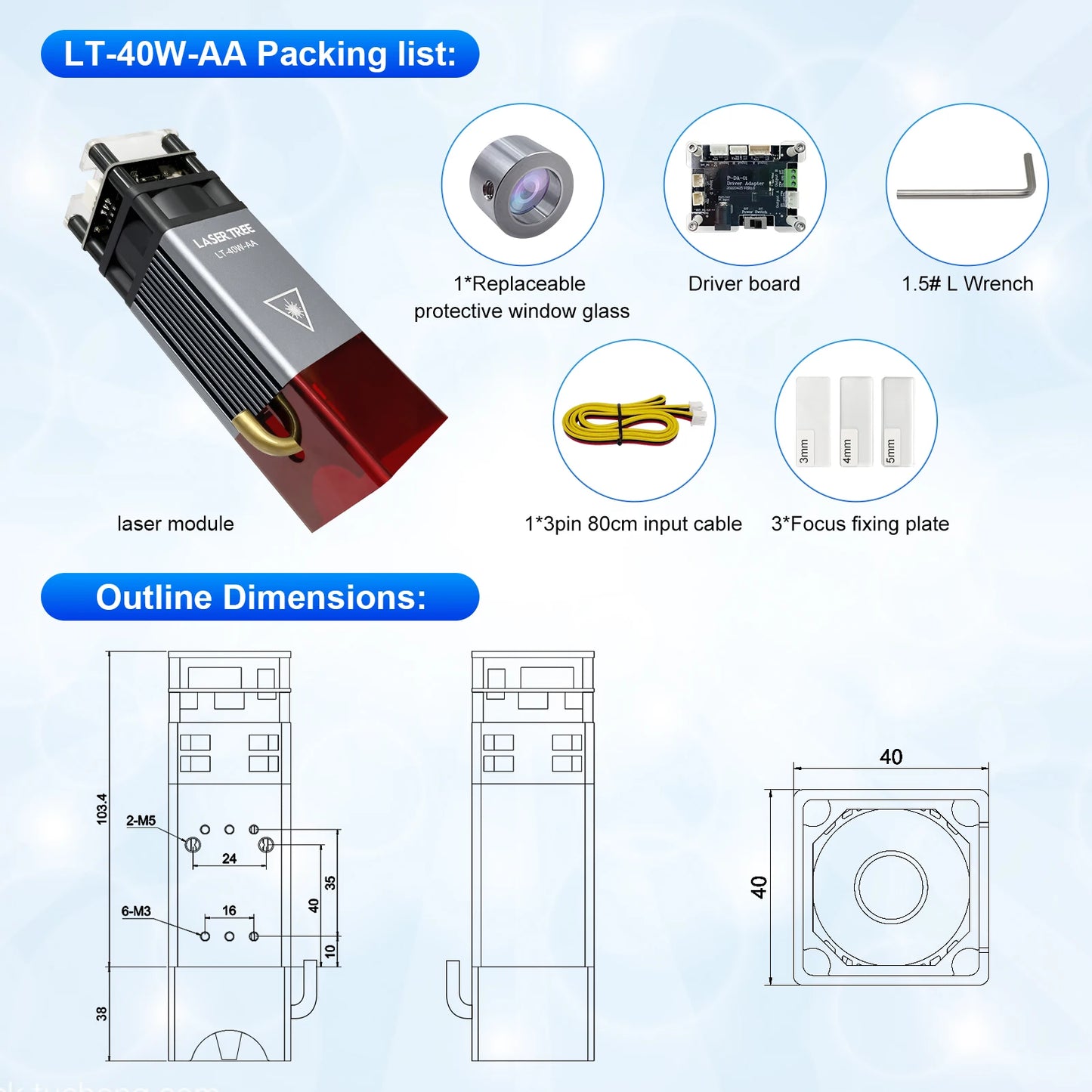 LASER TREE Fixed Focus 5W Laser Head with Air Assist Nozzle Beam Compressed Module for CNC Engraver Cutting Machine DIY Tools