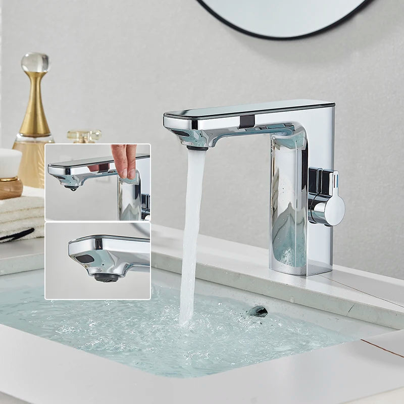 Luxury Silver Gray Smart LCD Daul Sensor Bathroom Basin Faucet Zinc Alloy Deck Mount Cold Hot Water Mixer Bathroom Sink Tub Tap