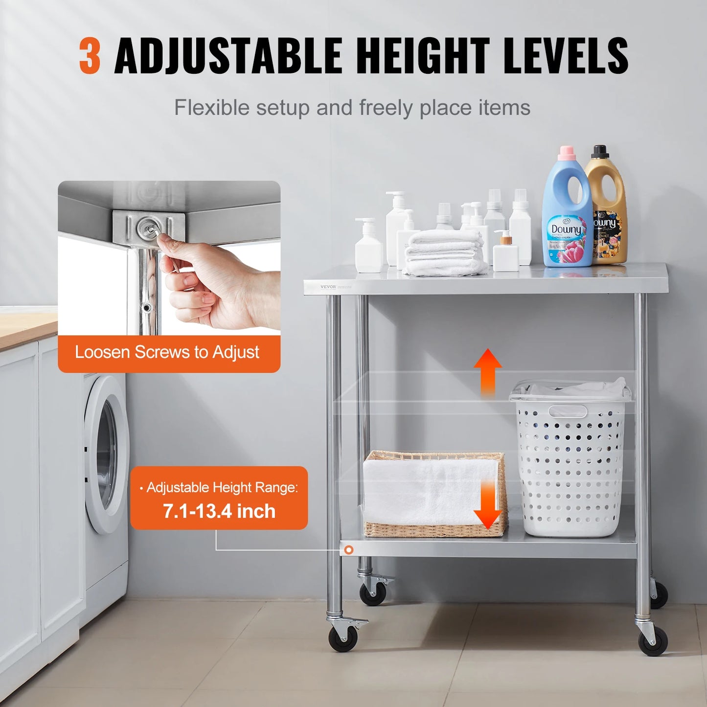 VEVOR Stainless Steel Work Prep Table with 4 Wheels 3 Adjustable Height Levels Heavy Duty Food Prep Worktable for Hotel Home