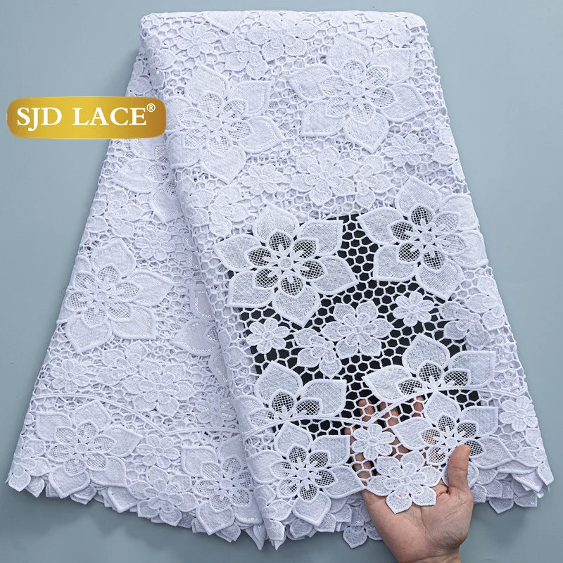 SJD LACE African Sequins Guipure Cord Lace Fabrics 5 Yards White 2026 New Nigerian Water Soluble Lace For Women Dresses Sew 4197