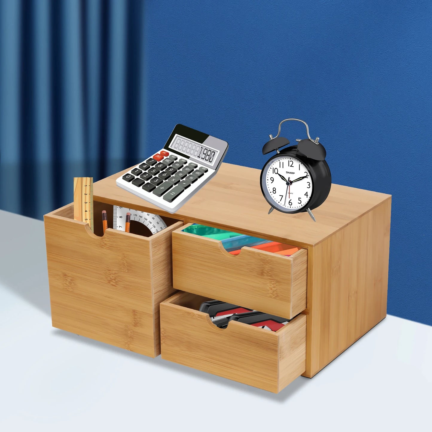 Bamboo Desk Drawer Organizer Tabletop Storage Cabinet Corner Desk Organizer W/3 Drawers for Home Office Supplies,33*19*16cm