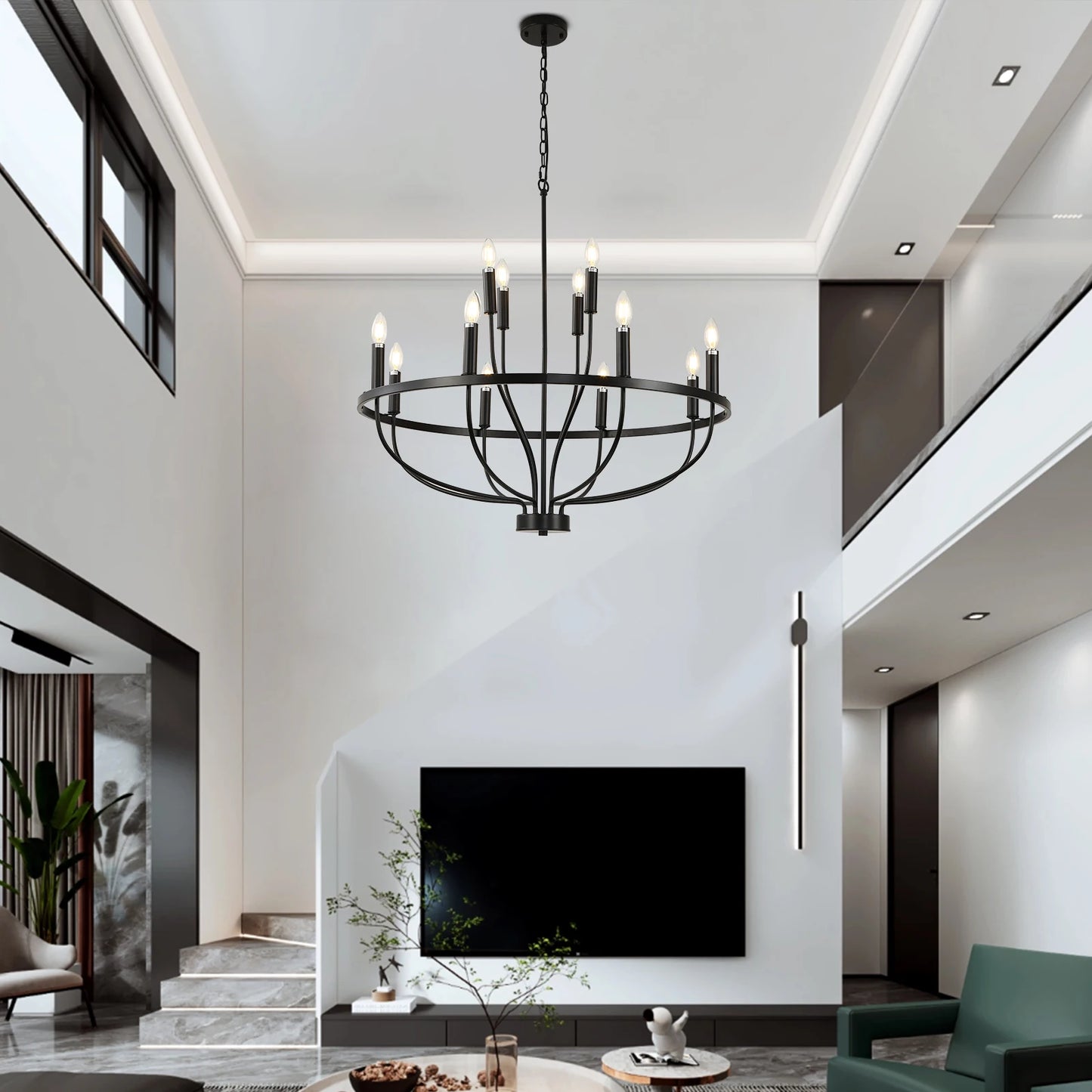 12-Light Black Chandelier Diam 33.46 Inch, Farmhouse Industrial Country Style Large Round Pendant Light Fixture for Dining Room