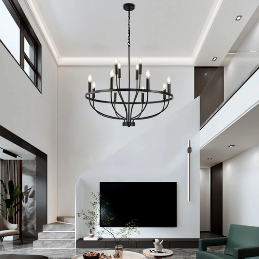 12-Light Black Chandelier Diam 33.46 Inch, Farmhouse Industrial Country Style Large Round Pendant Light Fixture for Dining Room