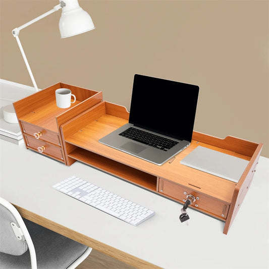 Computer Monitor Stand, Wooden Desk Organizer with Drawers Office Supplies Computer Desktop Tabletop