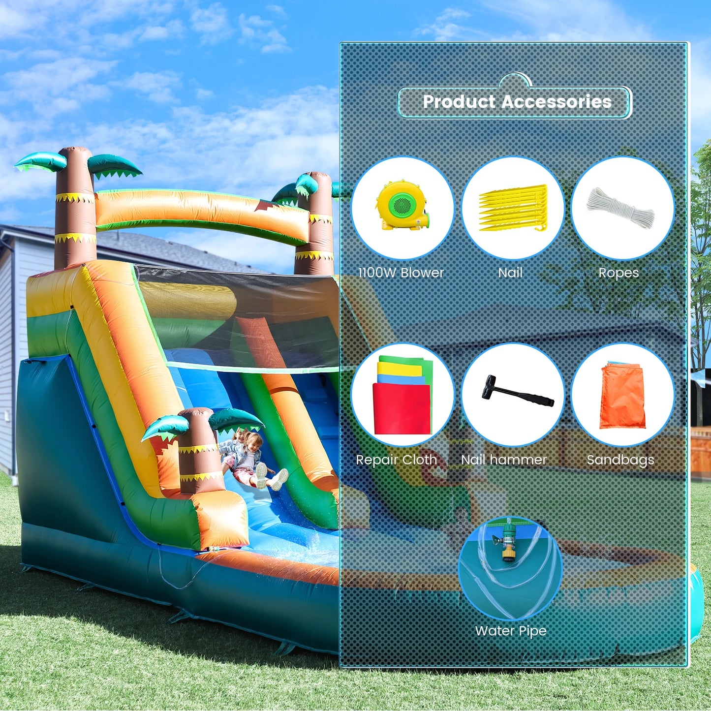 21FT Commercial Inflatable Bounce House Tropical Water Slide Pool 750w Blower Children's playground, children's toys