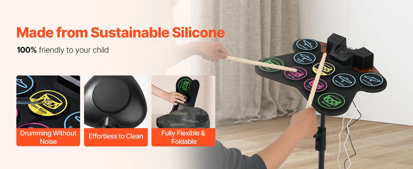 SucceBuy Electric Drum Set 7-Pad / 9-Pad Roll-up Drum Practice Pad Electronic Drumset Portable Instrument Toy for Kids Ages 3+