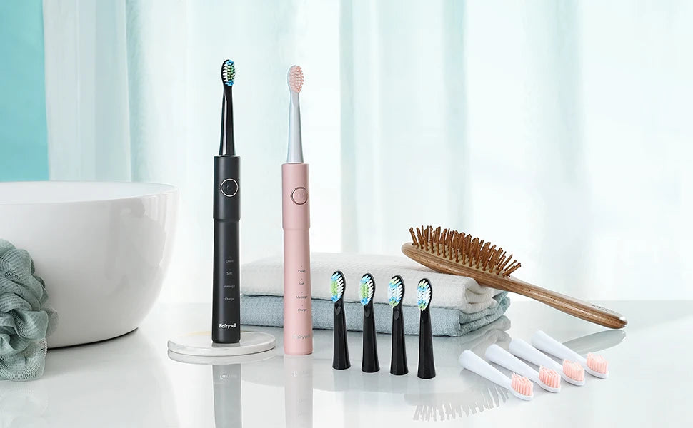 Fairywill Sonic Electric Toothbrush E11 Waterproof USB Charge With 8 Brush Replacement Heads Black and Pink Set for Couple
