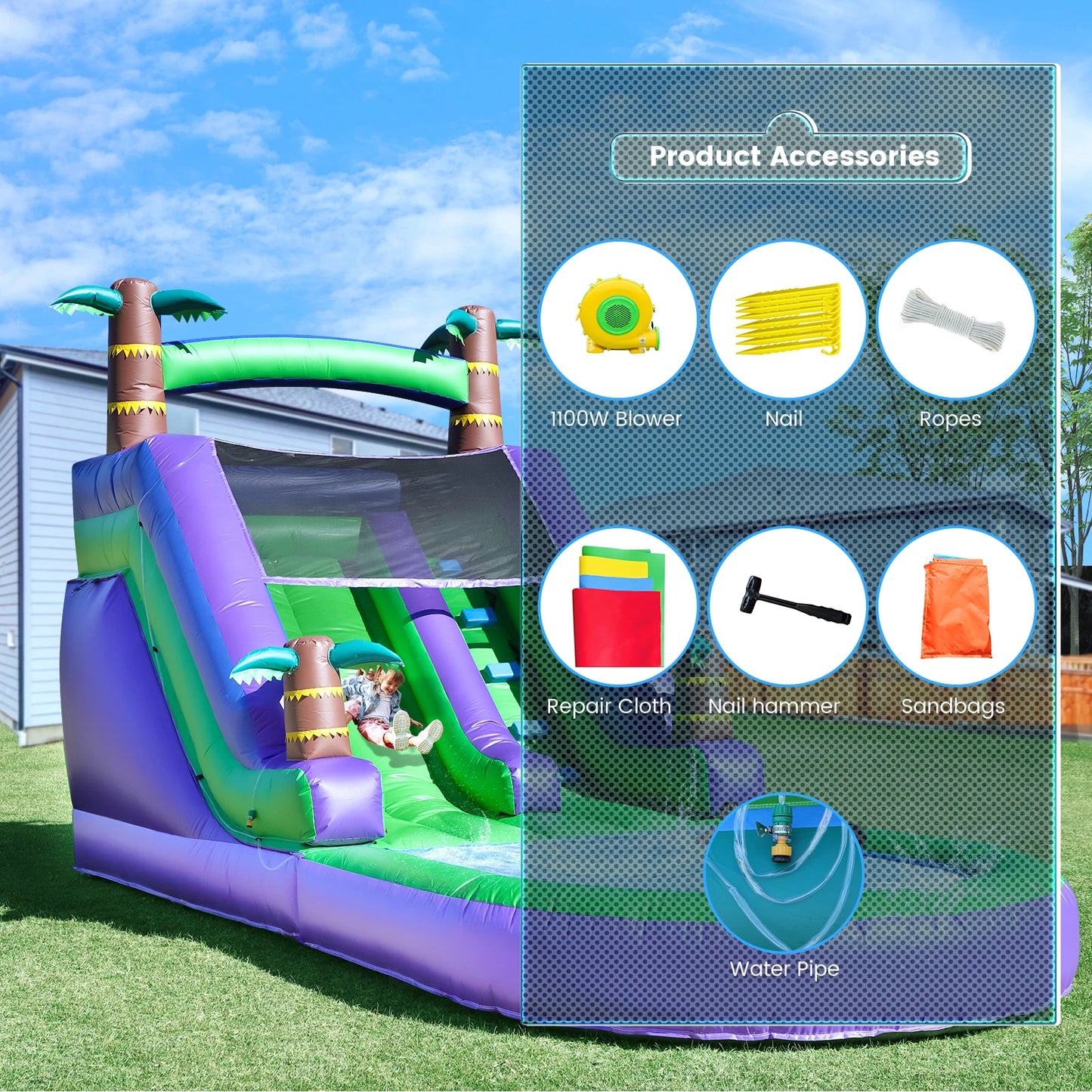 Children's Playground Inflatable water slide, Commercial Bounce House with Water Slide PVC and a 1100W Air blower 21ft/6.4M