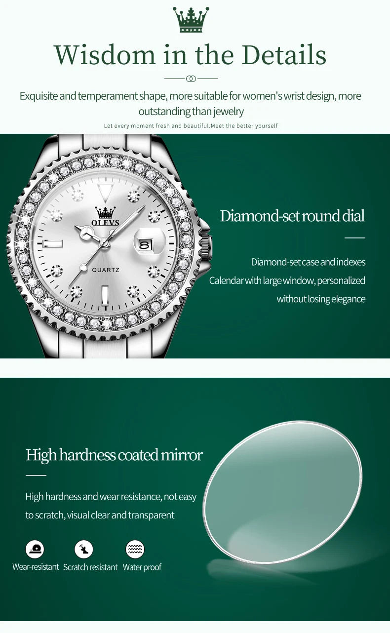 OLEVS Original Diamond Dial Quartz Watch for Women Fashion Elegant Ladies Watches Stainless Steel Waterproof Women's Wristwatch