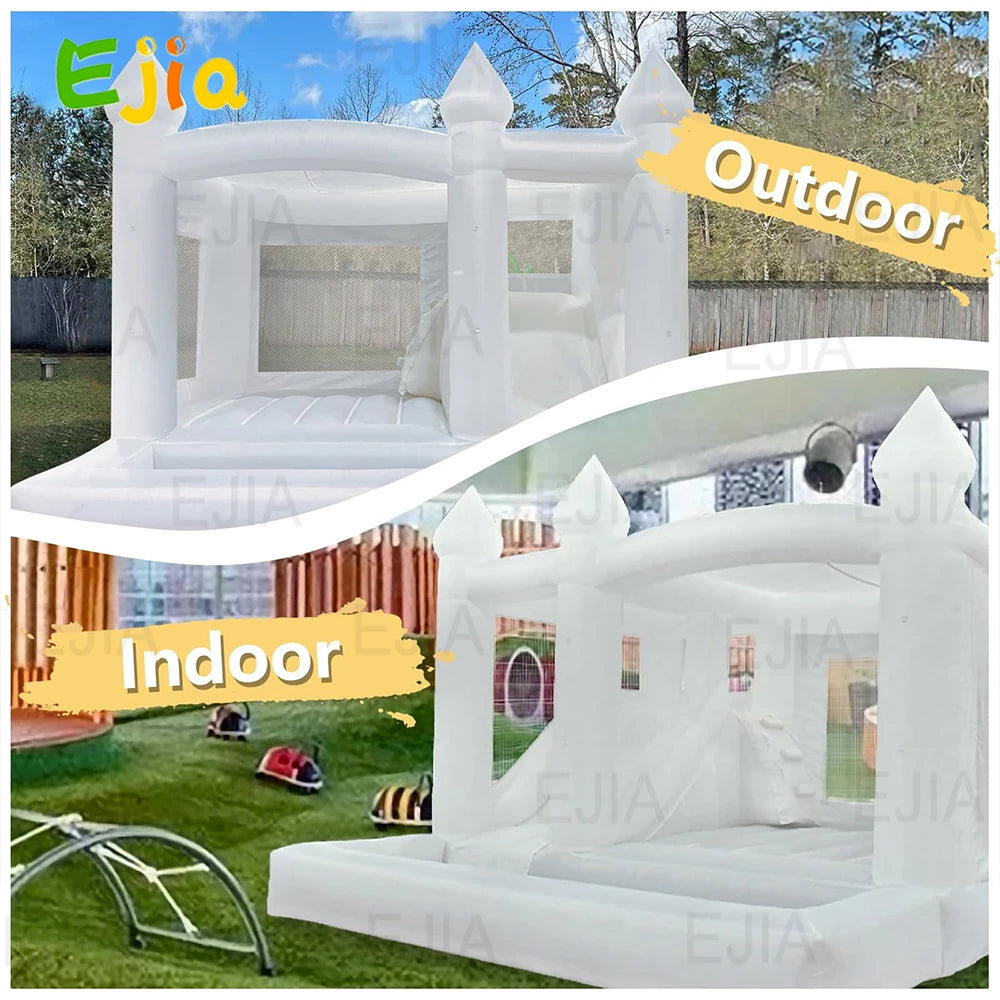 15FT PVC White Bounce House With Slide & Ball Pit, Large Jumper Bouncy Inflatable Castle For Wedding, Birthday, Party Decoration
