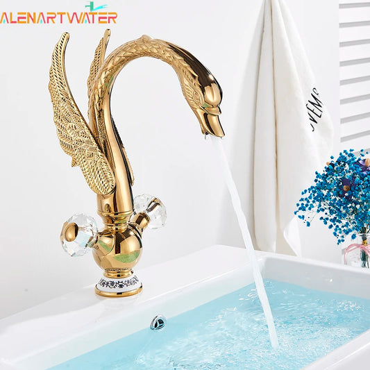 Brass Gold Black Swan Basin Faucet Deck Mounted Bathroom Faucet Hot and Cold Water Mixer Tap Bath Water Faucet Basin Faucet Taps