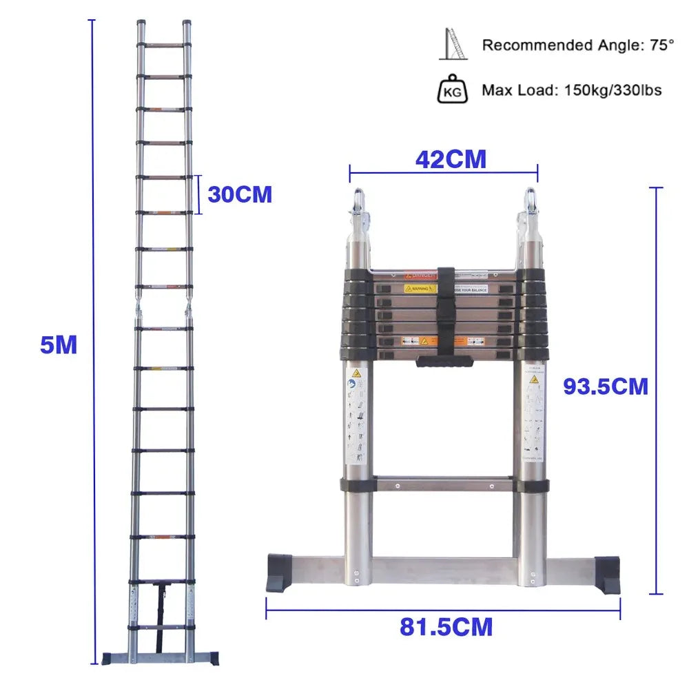 3.8M/5M Portable Folding Ladder ,Household  Telescopic A-Frame & Vertical Ladder , Aluminum & Stainless Steel, No Slip,150kg