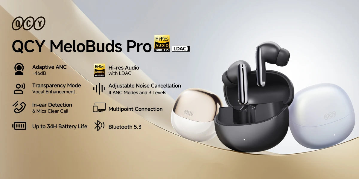 QCY MeloBuds Pro ANC Wireless Earphones 46dB Active Noise Cancellation Earbud Bluetooth 5.3 Hi-Res Audio with LDAC Headphones