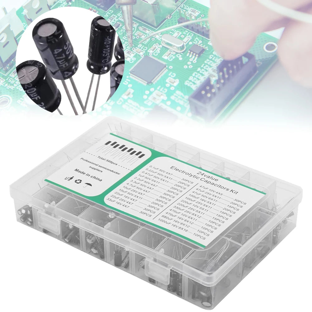 500Pcs 24 Values 16-50V 0.1-1000uF Metal Electrolytic Capacitors Assortment Box Kit Assorted Assortment Kit Bypass Low Frequency