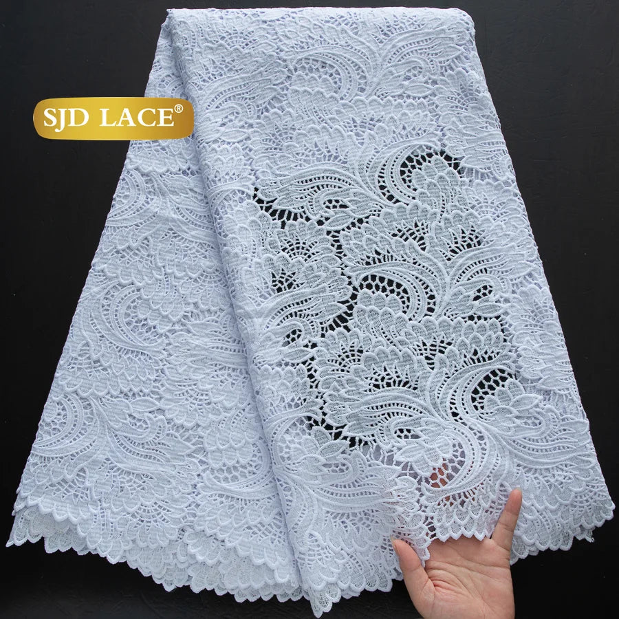 SJD LACE African Sequins Guipure Cord Lace Fabrics 5 Yards White 2026 New Nigerian Water Soluble Lace For Women Dresses Sew 4197