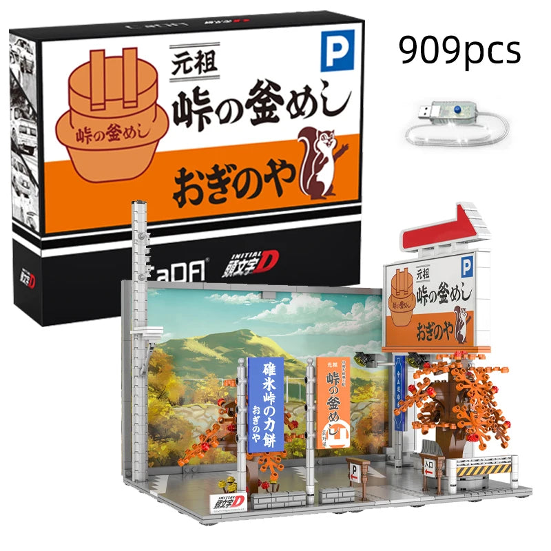 Cada Anime Initial D Tofu Shop House Model Building Blocks City Japanese Racing Car Parking Lot Bricks Toys Kid Gifts With LED