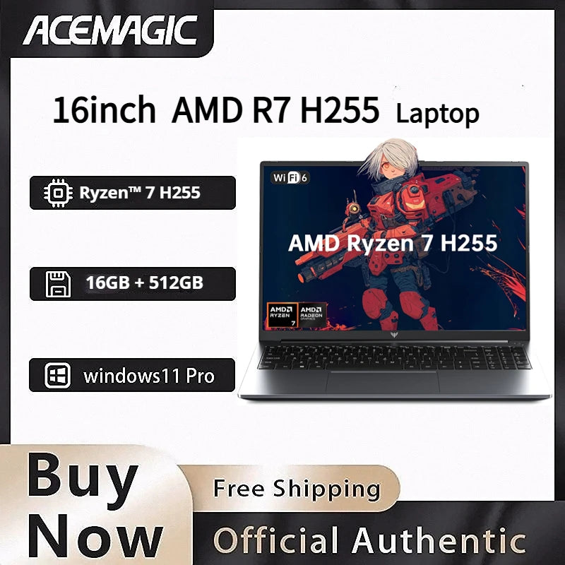 16" Laptop FHD Long Battery Life  AMD Ryzen 7 H255 Up to 4.9GHz Fast 16GB DDR5 512GB SSD Upgradable Win11 Pro for Gaming Busines