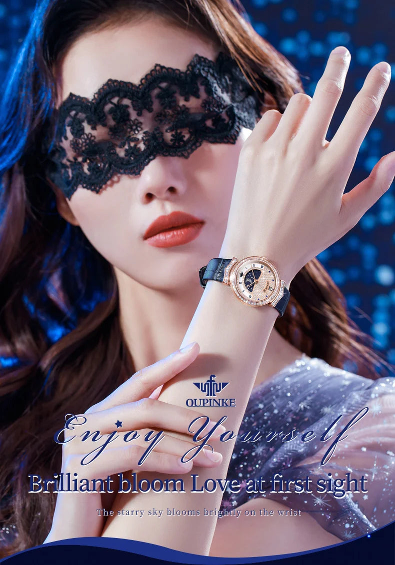 OUPINKE 3216 Woman Watch Waterproof Roman Scale Moon Phase Quartz Watch For Women Luxury Original Diamond Date Ladies Hand Clock