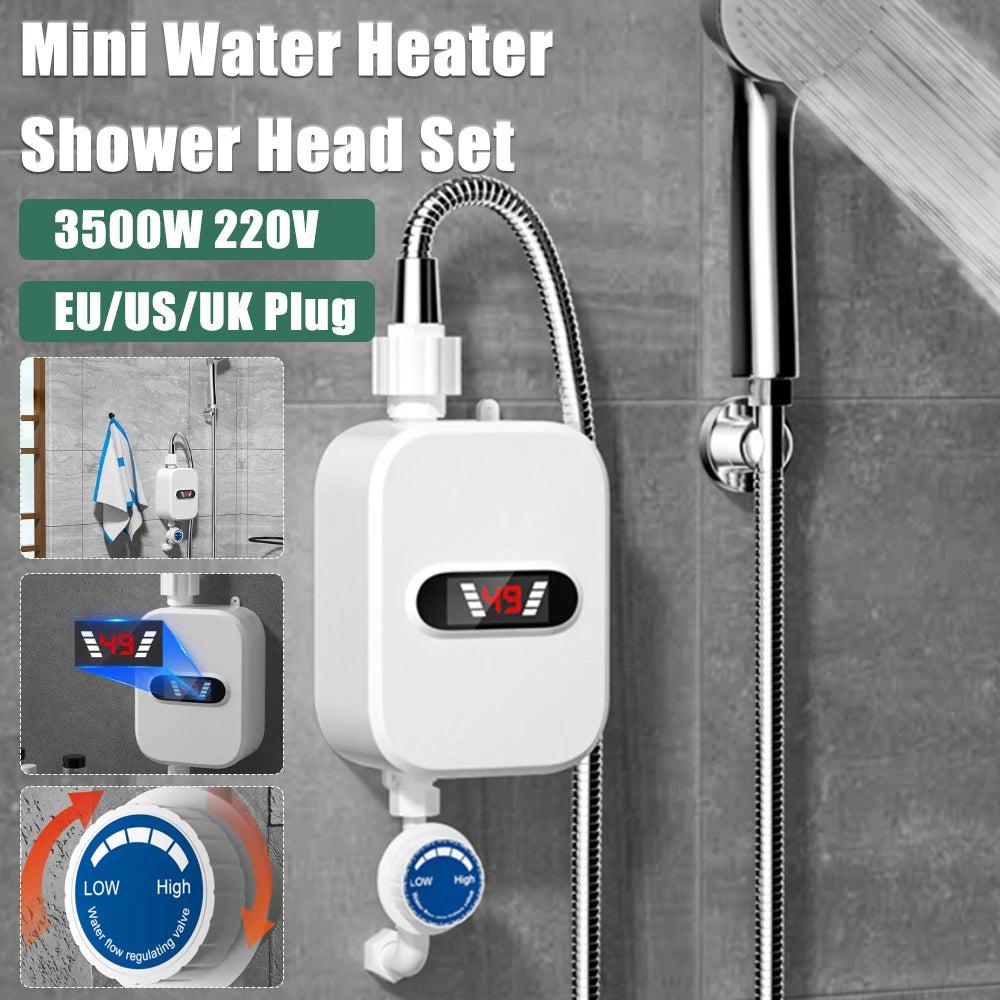 3500W 220V Tankless Water Heater Overheating Protection Portable Water Heater with LCD Temperature Display Use for RV Cabin Barn