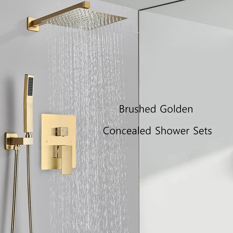 Brushed Golden Bathroom Shower Faucet Concealed Install 2 Way Rainfall Shower Set Wall Mounted Shower System Hot Cold Mixer Tap
