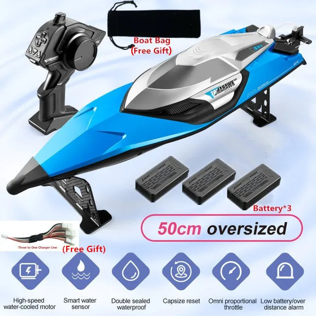 50CM Large Racing 70KM/H High Speed RC Boat 2.4G 200M Capsized Reset Dual Waterproof Smart Alarm Remote Control Boat Speedboat