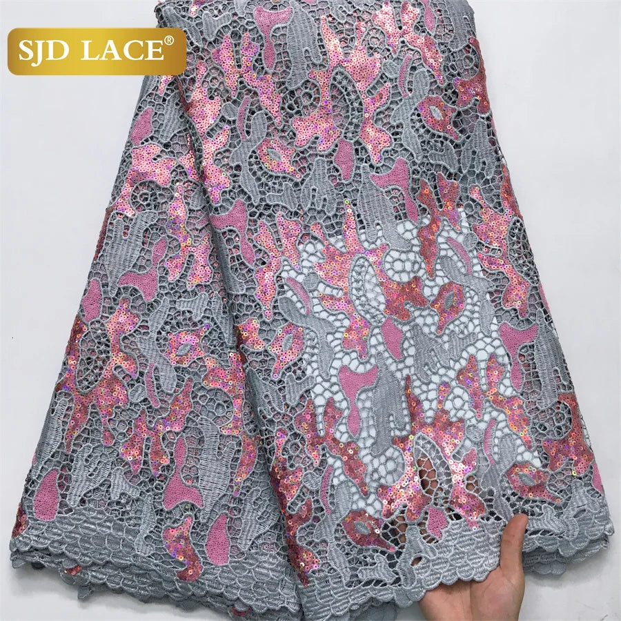 SJD LACE African Guipure Cord Stones Lace Fabric 5 Yards 2026 New Nigerian Water Soluble Lace For Women Wedding Party Dress 3844