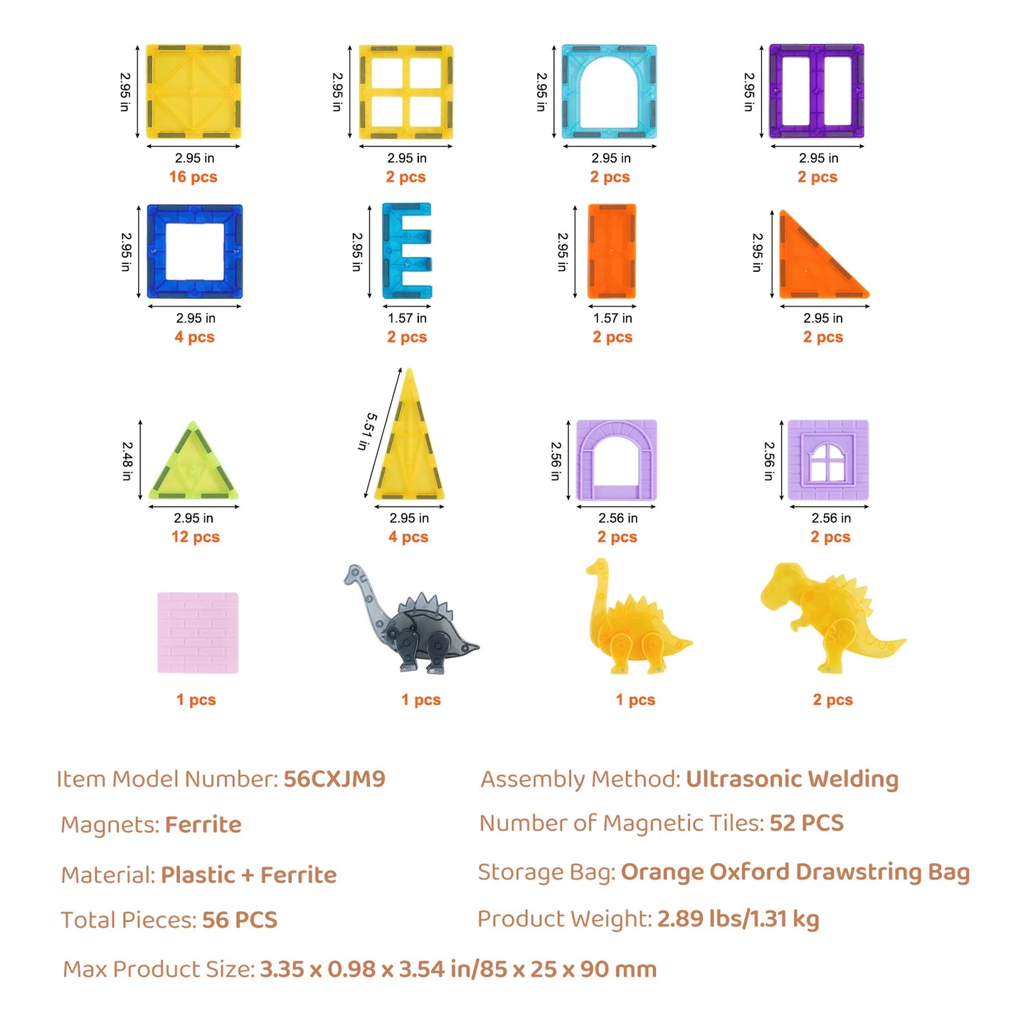SucceBuy 56PCS Magnetic Tiles Magnet Building Blocks with 4 Dinosaurs Construction Stacking Stem Educational Toys for Kids