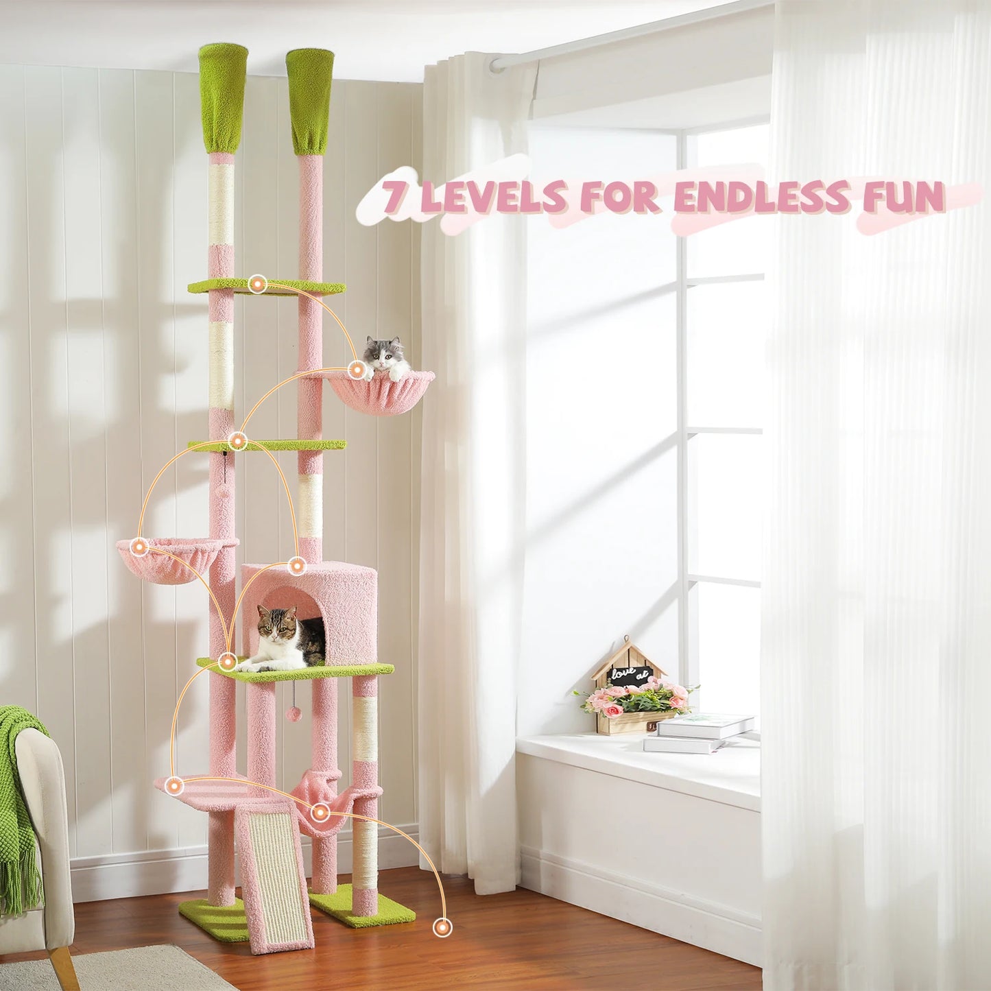 Floor to Ceiling Cat Tree with Sisal Scratching Posts Cozy Condo Hammock Adjustable Height Tall Cat Tower for Indoor Cat Toys